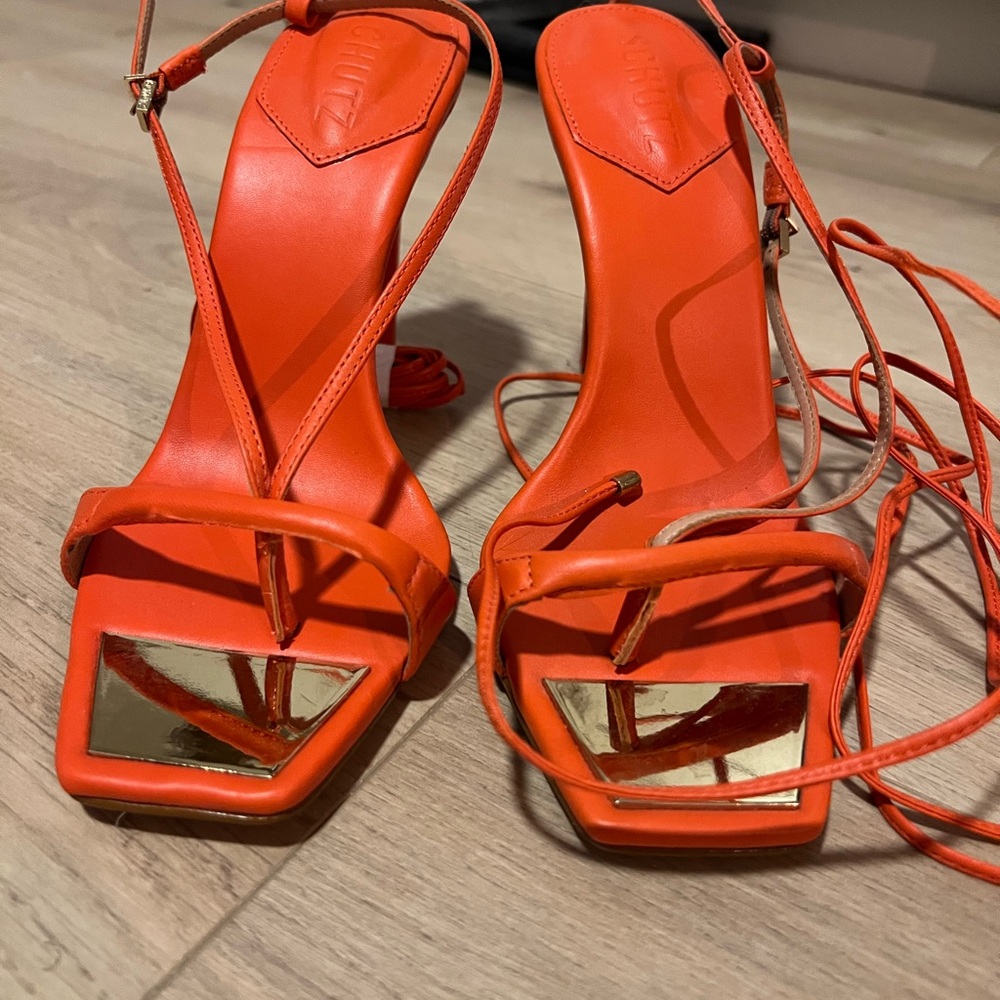 Schutz Orange Strappy Heels with Gold Accents